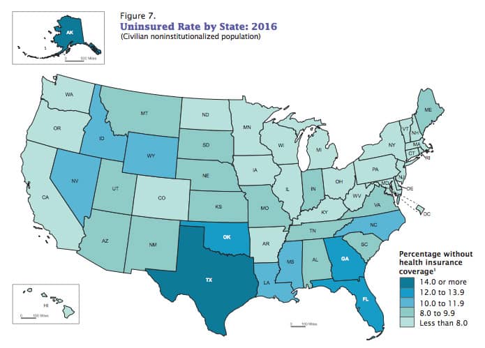 A map of uninsured rates by state.