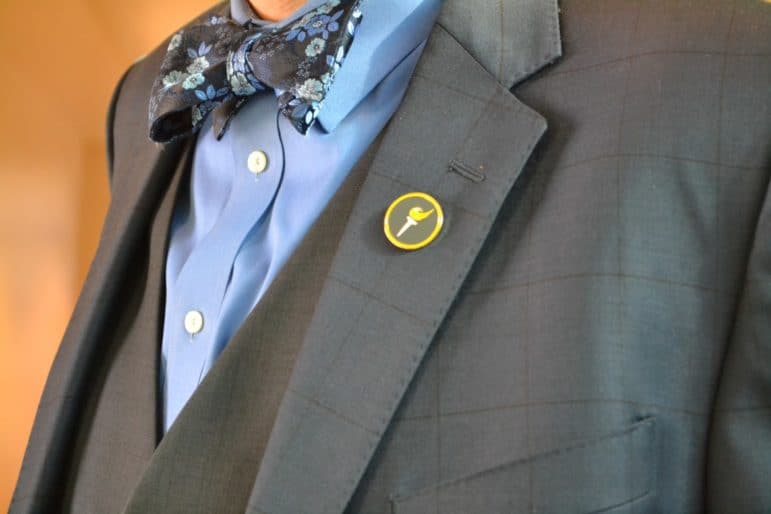 Blair Dunn's bow tie and Libertarian pin.